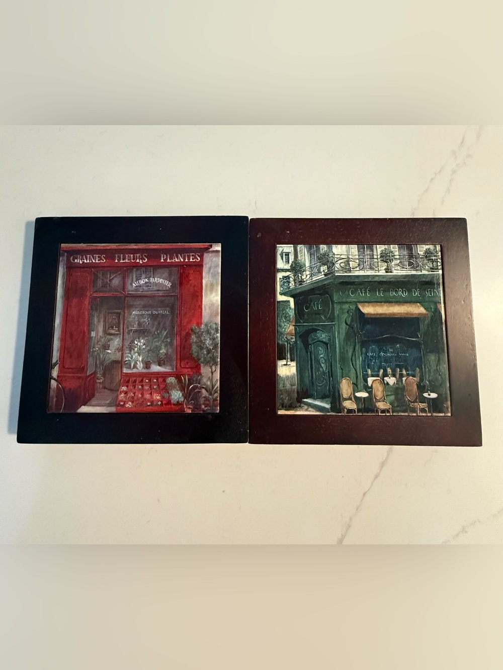 French Cafe Ceramic Tile Wall Art Set of 2 Framed 8x8